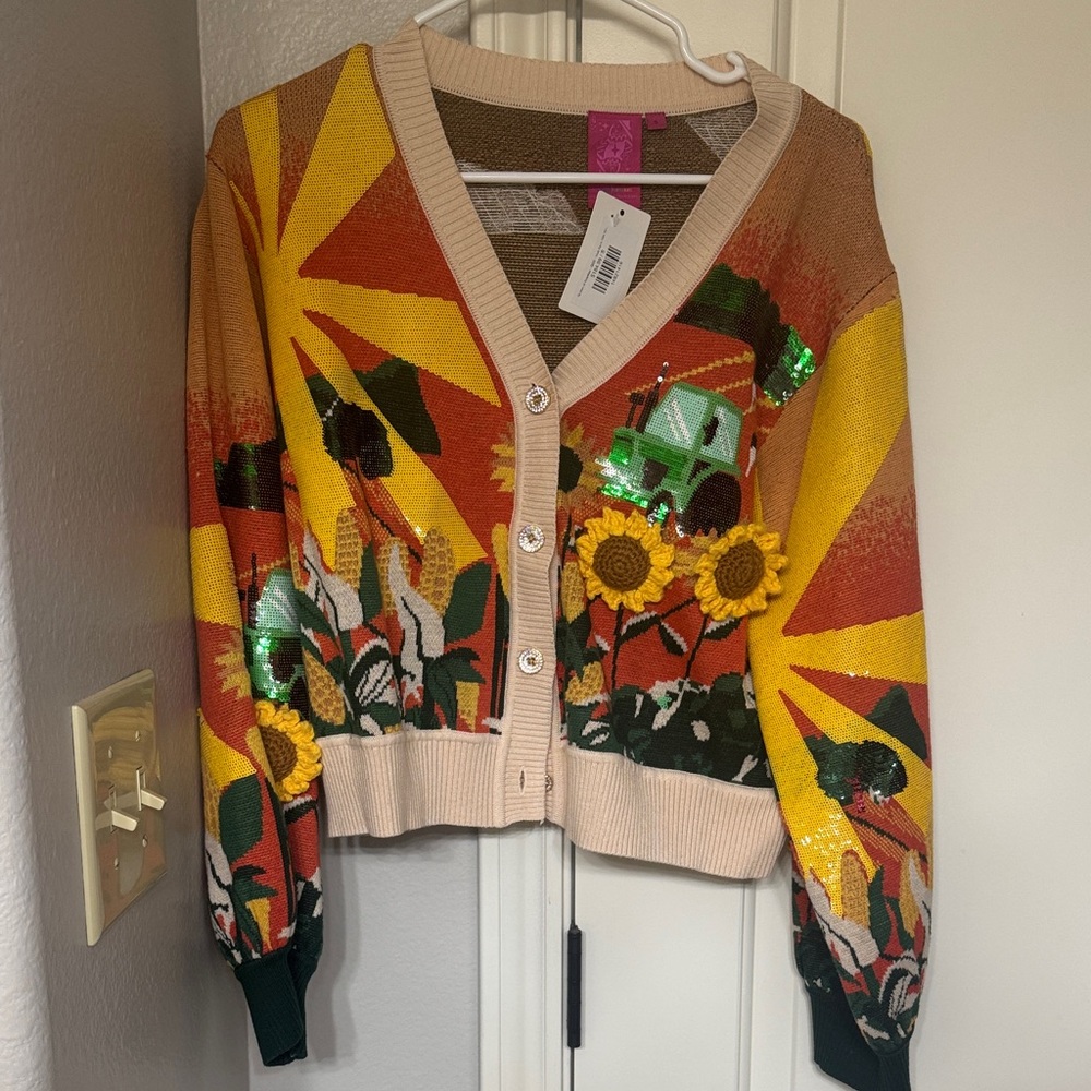 QUEEN OF SPARKLES Yellow Beige Multicolor Sunflower Sequin Cardigan